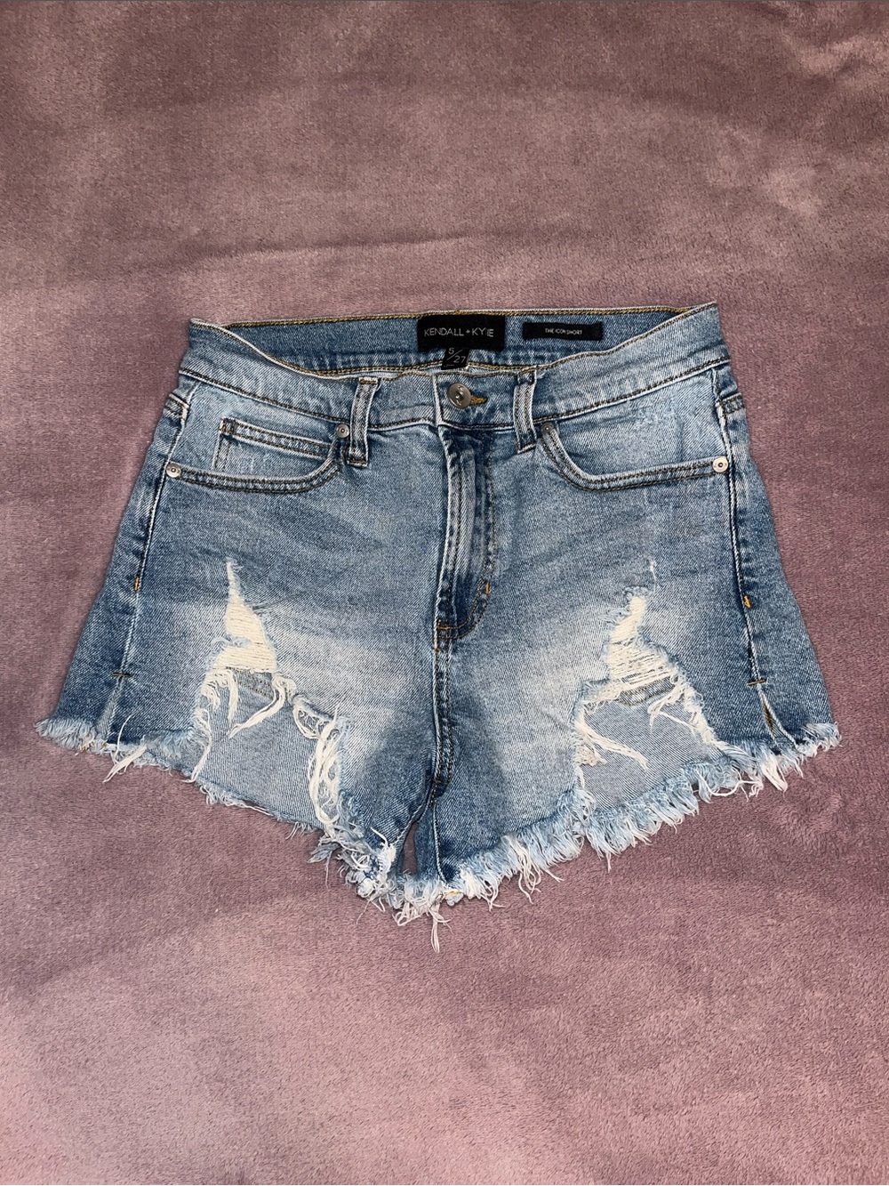 Kendall & Kylie Medium Wash Distressed High-Rise Denim Shorts
